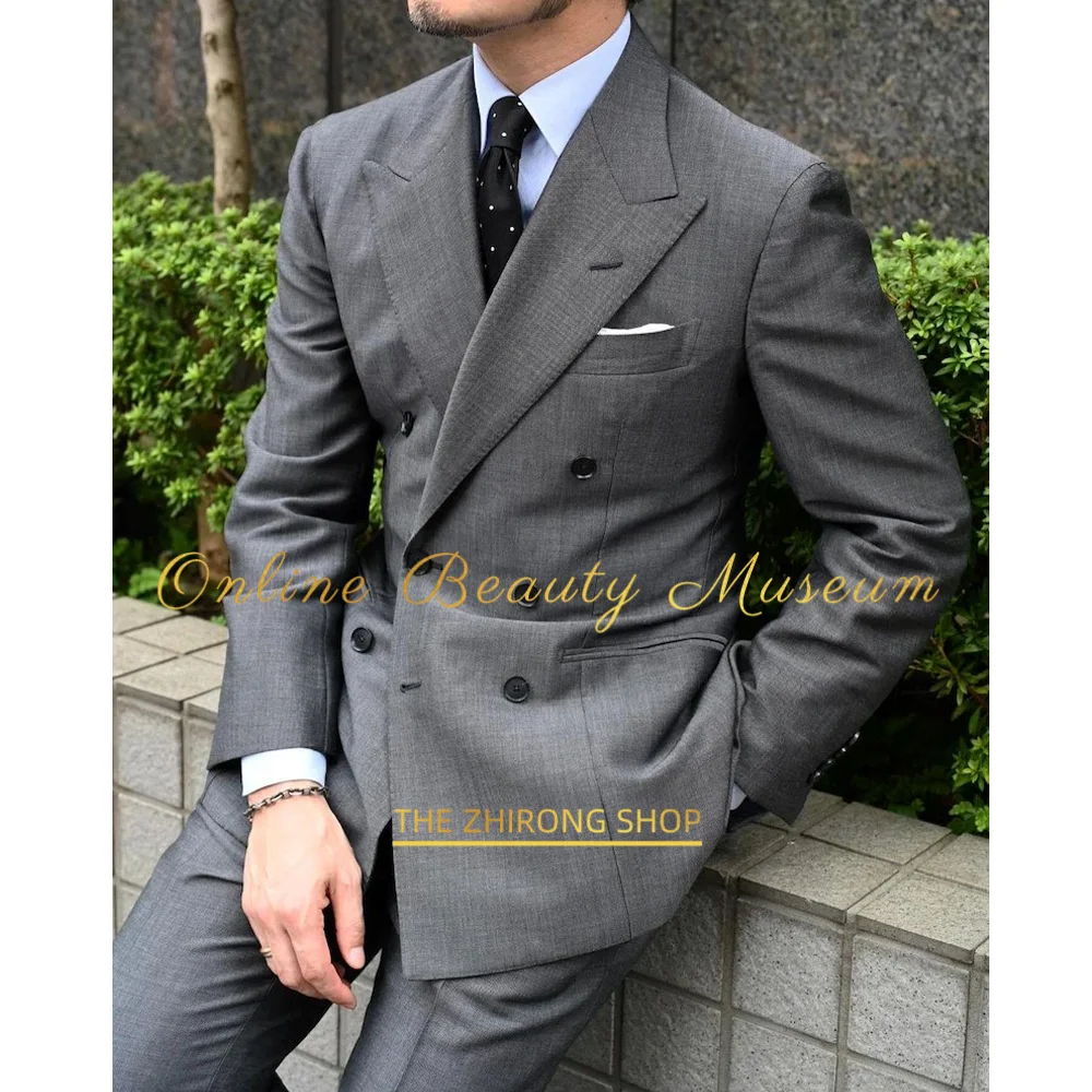 Men's Suit Grey Classic Double Breasted Blazer Pants 2-piece Set for Wedding Prom Birthday Party Formal Events Bespoke for Men