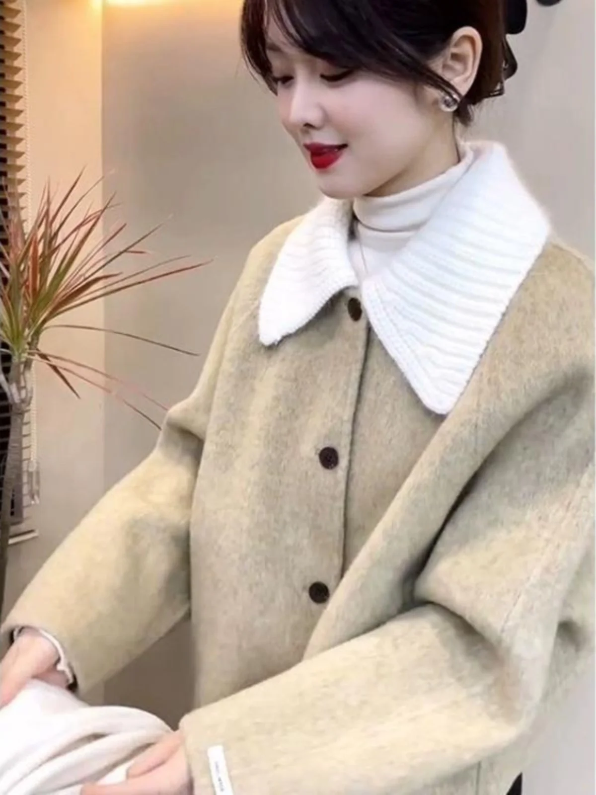 

Autumn Winter Thiened ort Woolen Coat Fem Collarl Jaet Soft Comfortable Material Pure Color Universal Sle