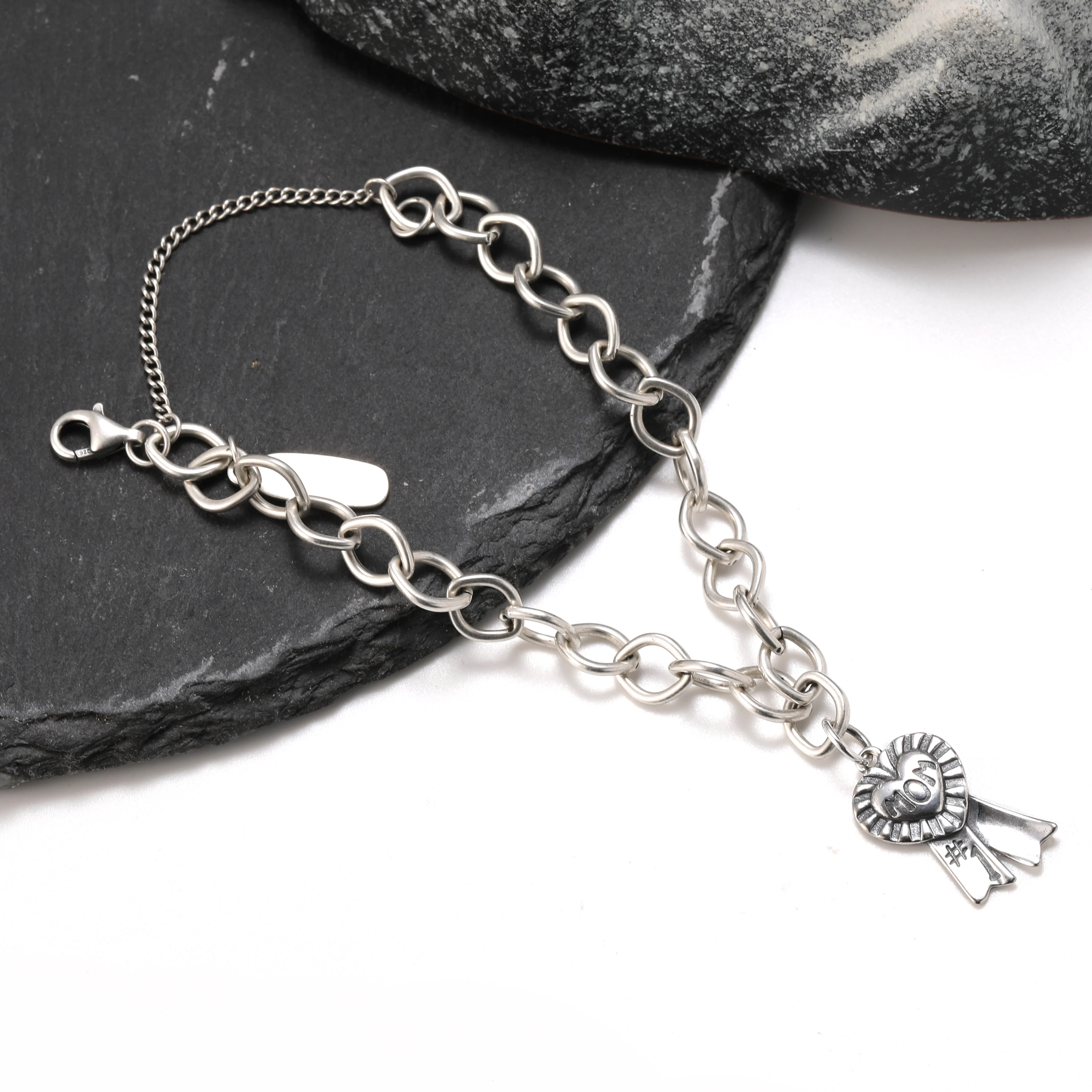 

Genuine 925 sterling silver Forged Link Charm Bracelet paired with "Blue Ribbon" Mom pendant