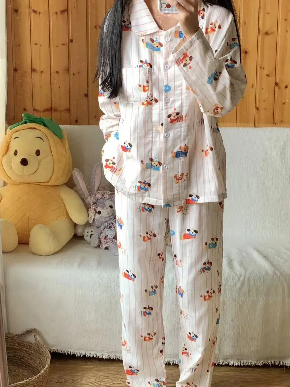 

New 2025 Summer Pure Cotton Double Layer Muslin Cute Cartoon Print Long Sve Long Pants Spwear Home Clothes Set for Youth