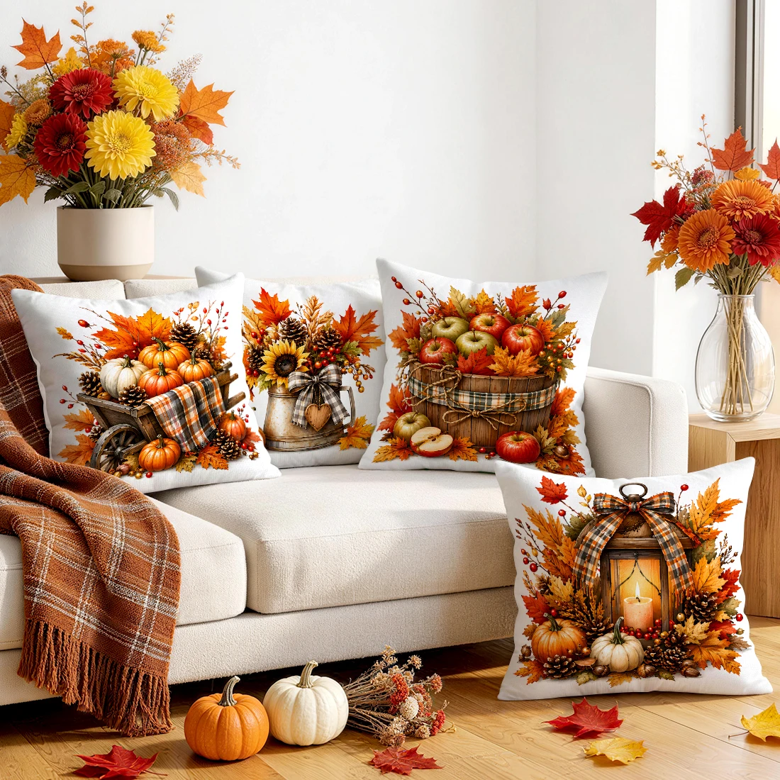 Retro Farm Tools Pumpkin Autumn Cushions Pillowcase Polyester Cushion Cover Throw Pillow Pillowcover Home Car Sofa Decor