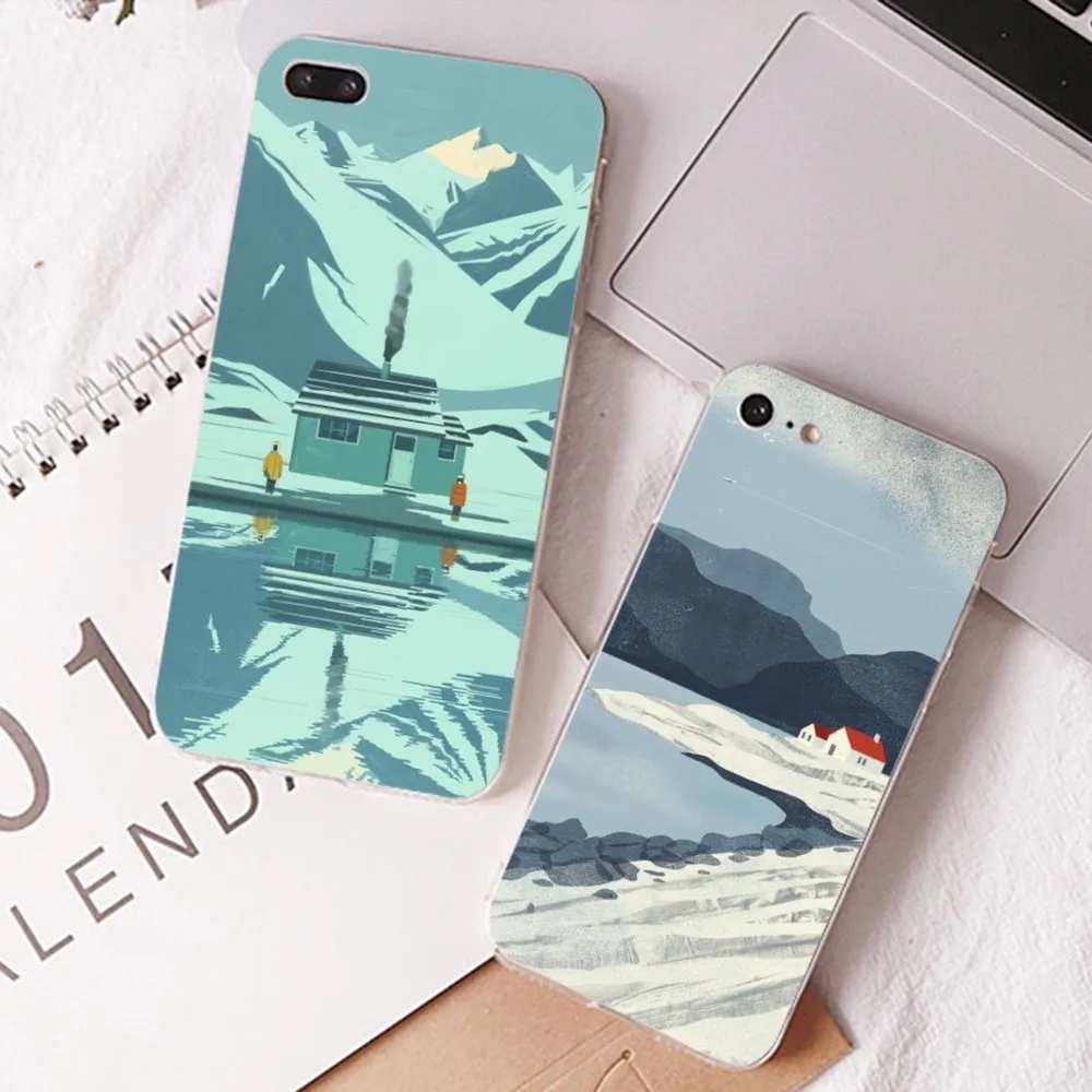 Iceland Mountain Sea House Illustration Phone Case For iPhone15 11 12 13 14Mini ProMax XR X XSTPUClear Case For8 7 6Plus SE 2020