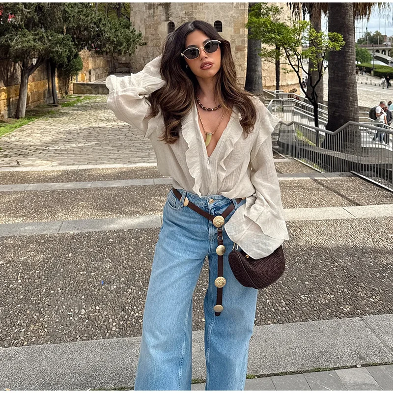 

Zip-Front Round Neck Ruffles Blouse Women Summer Cotton Flared Long Sleeve Fashion Shirts Blouse Lady Casual Tops Streetwear