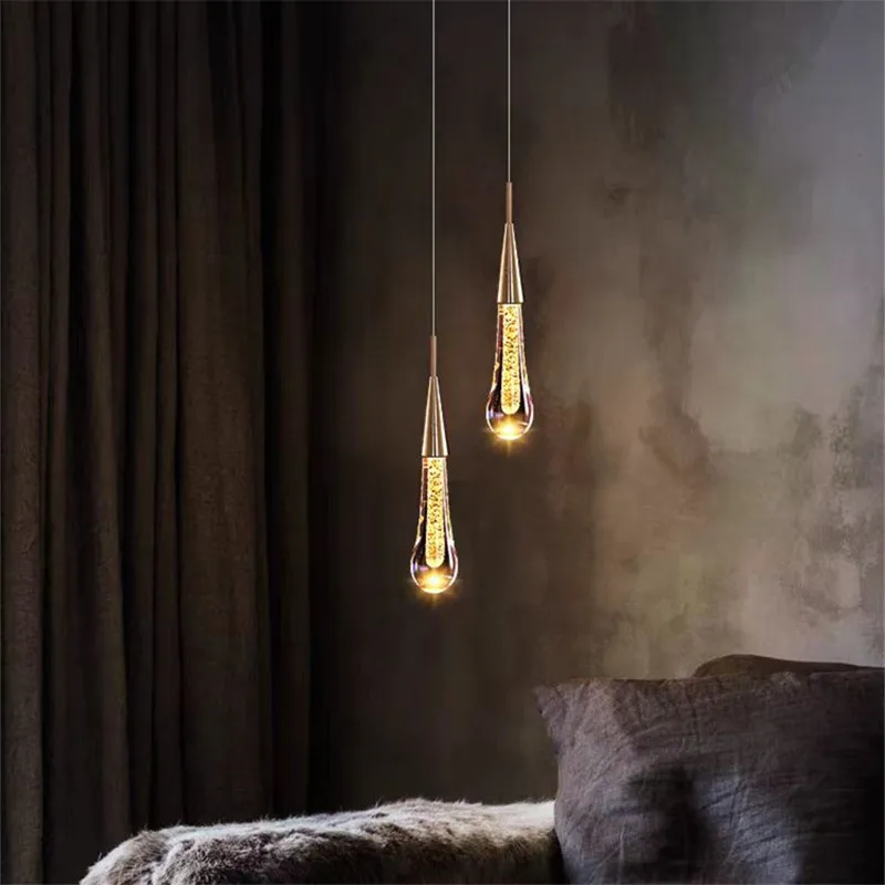 Luxury raindrop Crystal pendant light long led Lamp bedroom beside Restaurant Home Decor dinner Hanging Light for Staircase lamp