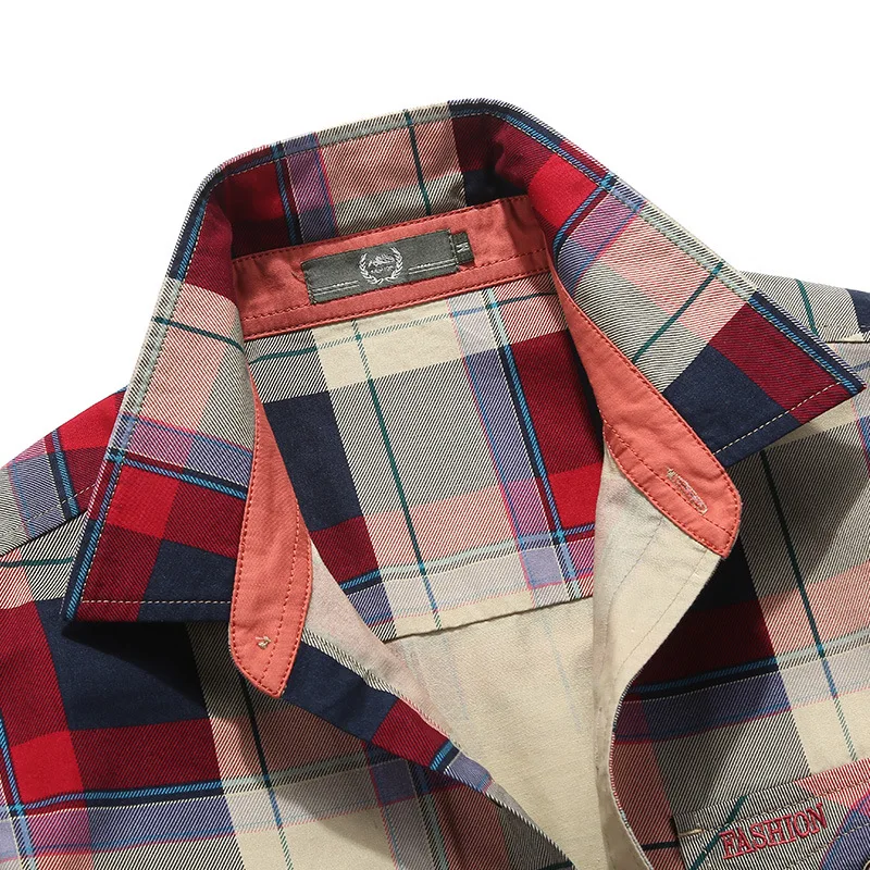 2025 Men's Pure Cotton Long Sleeve Plaid Shirt Casual Loose Fit Youth Color Block Streetwear