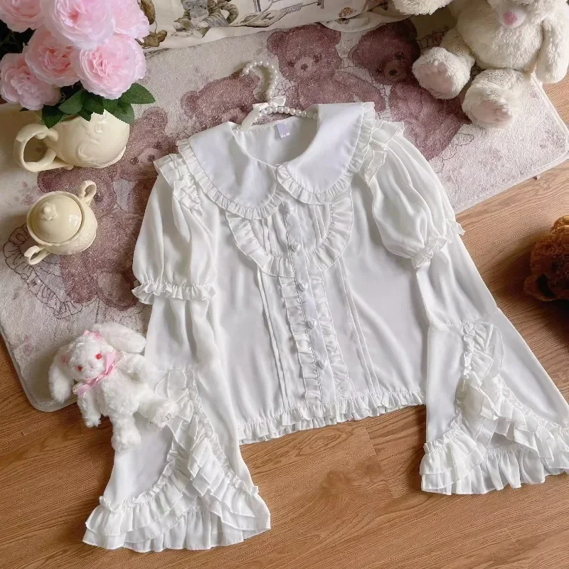 Victorian Gothic Lolita Shirt Fashion 2024 Kawaii Tops Cute Ruffles Peter Pan Collar Blouses Women Korean Womens Autumn Clothing