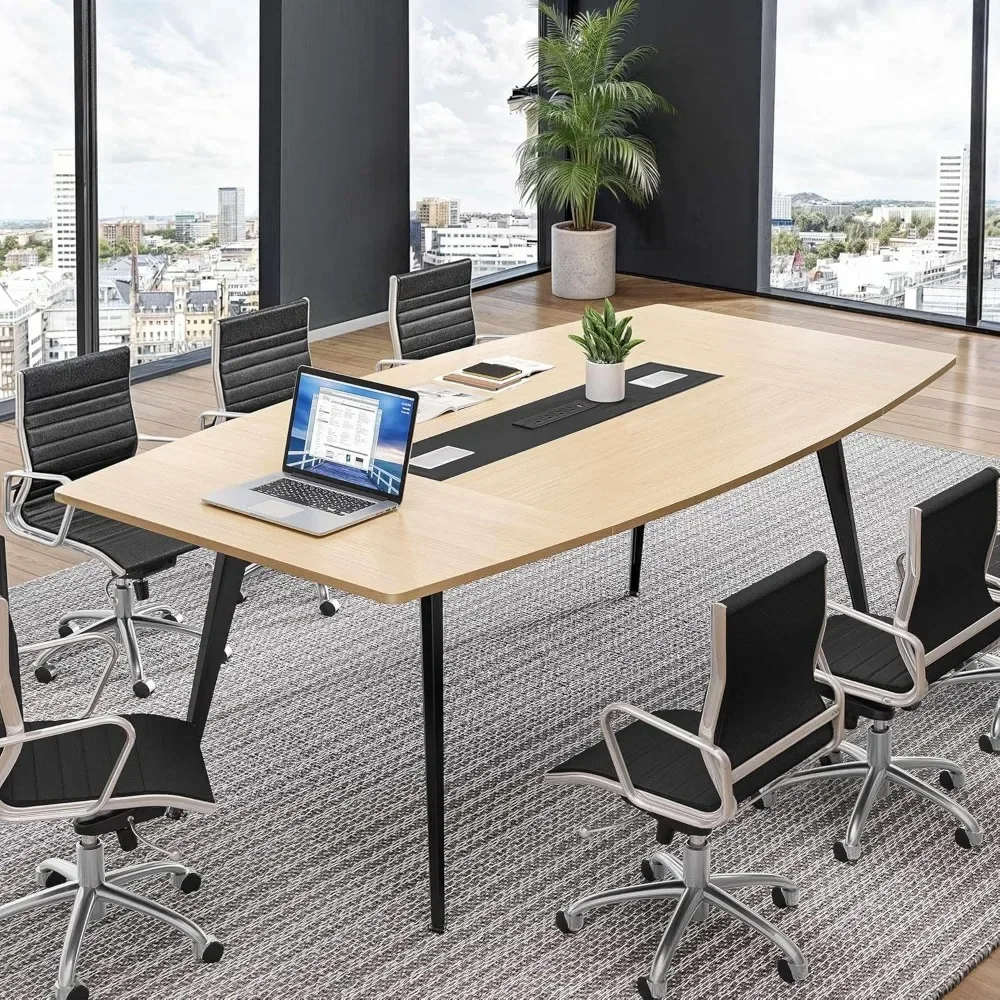 6FT Conference Table with Power Outlets & Rectangle Grommet, Modern Boat Shaped Seminar Tables, 70.8" Conference Table