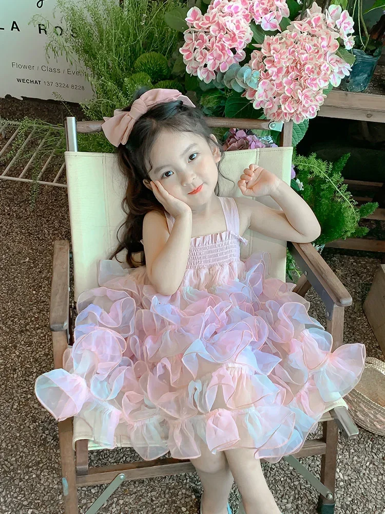 Girls' Summer Dress2024New Tulle Skirt Ziyang Style Cake Dress Children's Princess Dress