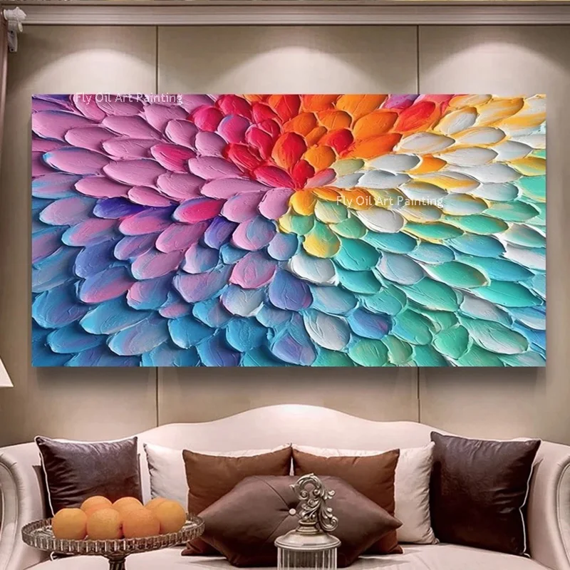 Colorful Abstract Knife Thick Oil Painting Handmade New Design Blue Red Yellow Gradient Petals Canvas Wall Art For Room Decor