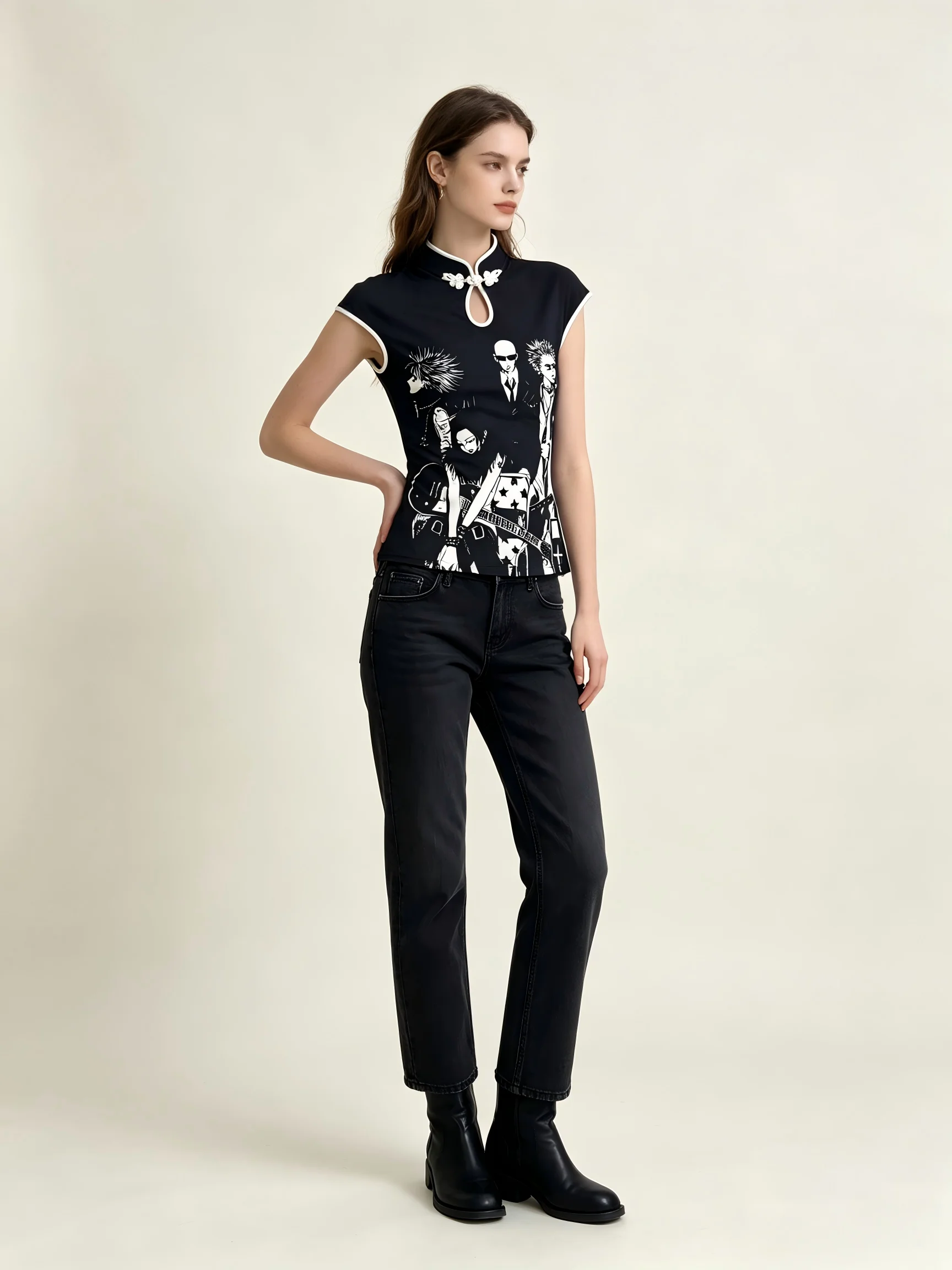 Women's Gothic Punk Anime Print Cheongsam Top Y2K Harajuku Streetwear Aesthetic Band Graphic Blouse Chinese Style T-Shirt