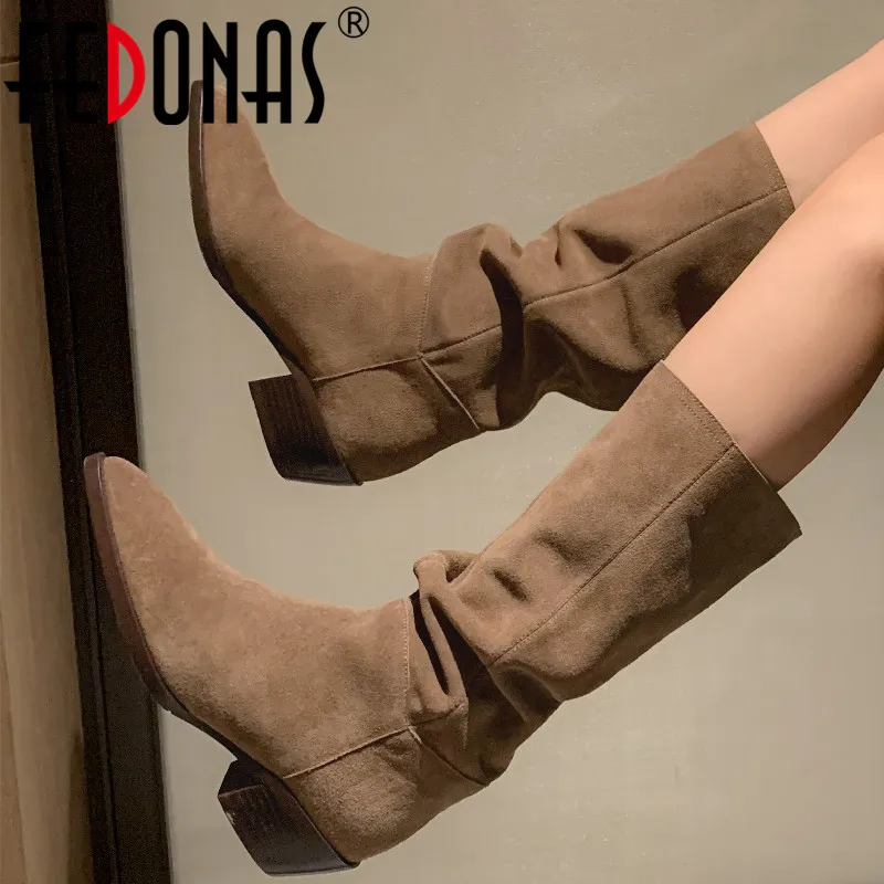 

FEDONAS Popular Concise Fashion Women Mid-Calf Boots Cow Suede Leather Pointed Toe Thick Heels Autumn Winter Casual Shoes Woman