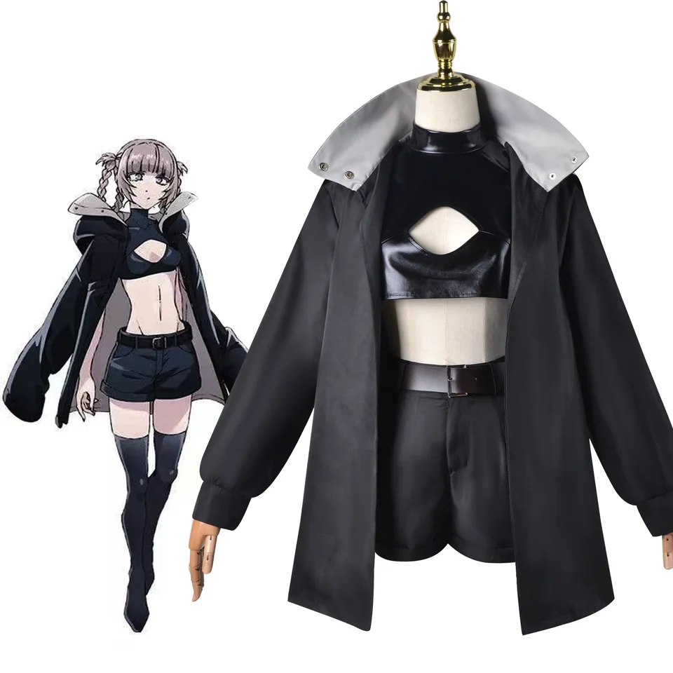 ナナサワのコスプレスーツセット,ケープ付きブラックレザージャケット
