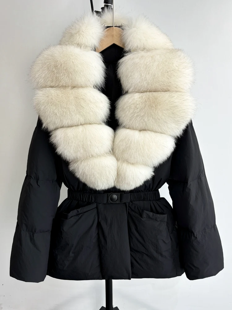 Lagabogy 2025 Large Real Fox Fur Winter Belt Waist-Tight Elegant Warm 90% White Duck Down Jacket Female V-neck Loose Puffer Coat