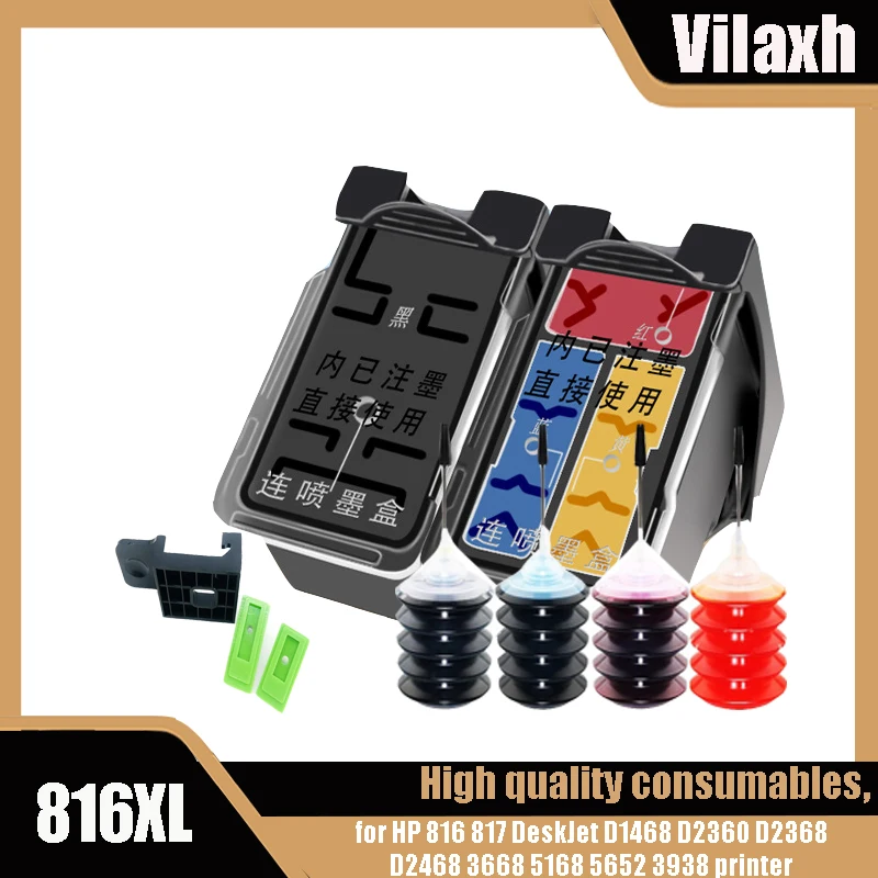 Vilaxh 816XL compatible Refill Cartridge for HP 816 817 DeskJet D1468 D2360 D2368 D2468 3668 5168 5652 3938 printer for hp816