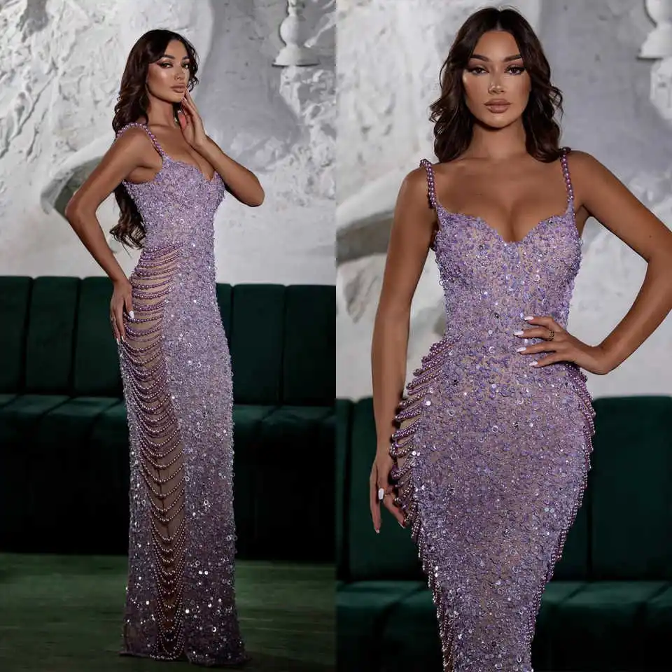 

Exquisite Women's Sequins Mermaid Evening Dresses Spaghetti Strap Floor Length Prom Gowns Pearls Special Party Customized