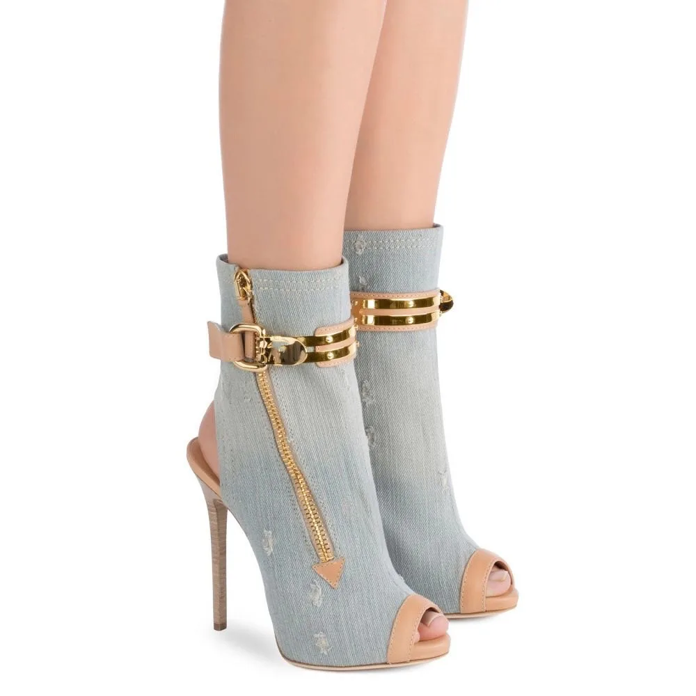 รองเท้าบูทข้อเท้าส้นเข็มแบบเปิ - Street Fashion Denim บทวิจารณ์และราคา
