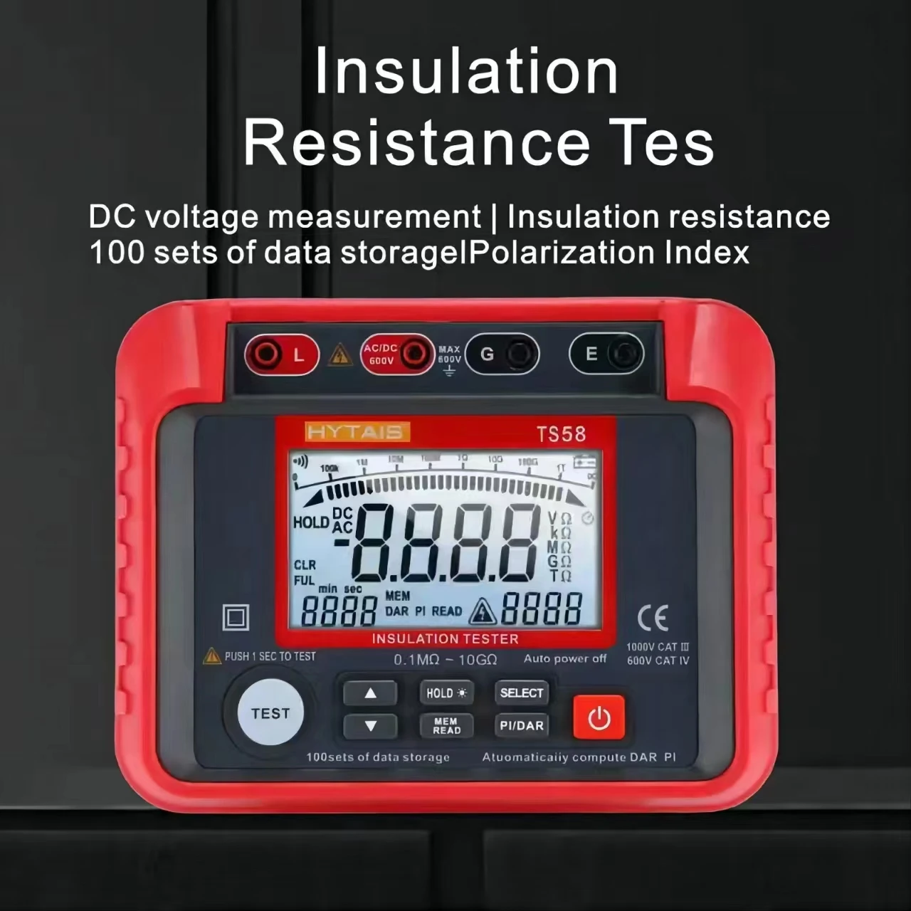 Digitale isolatieweerstandsmeter Geïsoleerde tester 0,1 MΩ-10 GΩ Megohmmeter 2000 tellingen AC DC 10-600 V DAR PI-index, met achtergrondverlichting