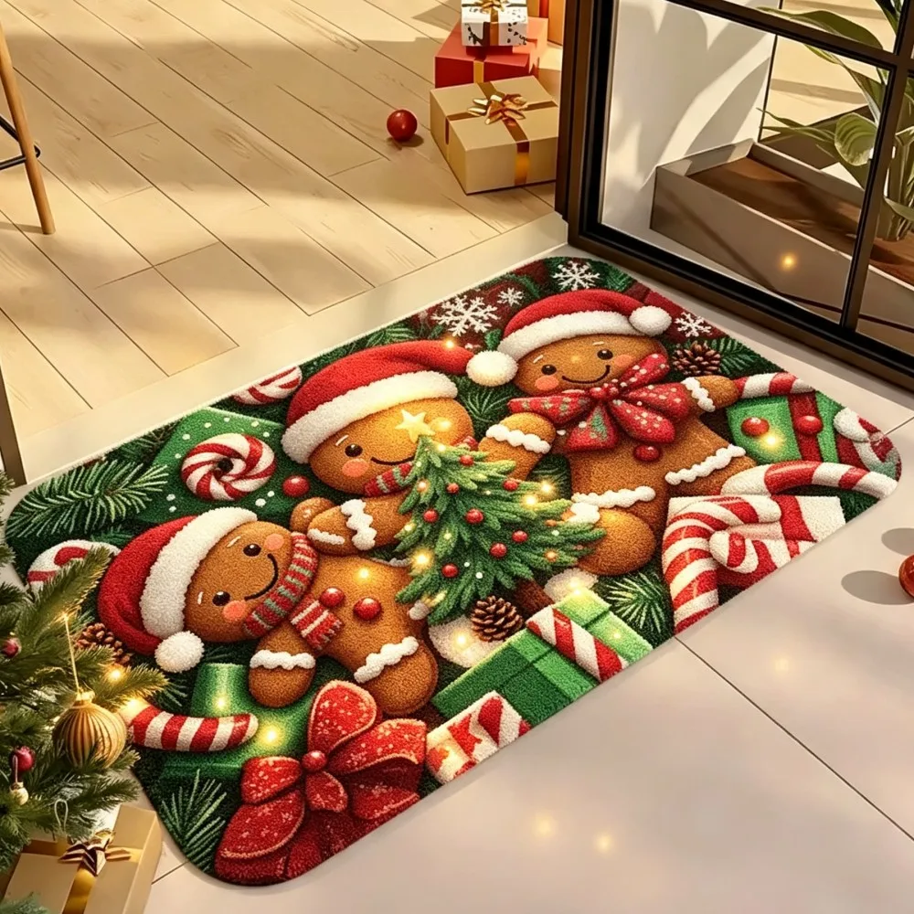 Gingerbread Santa Candy Cane Rug Green Background Snowflake Gift Box Print Non Slip Washable Floor Mat For Christmas Decor
