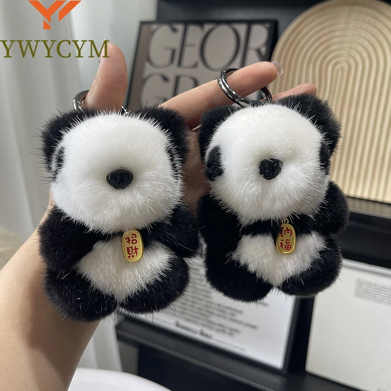 

Cute Real Mink Fur Keychain Plush Panda Pendant Kids Toy Women Bag Charm Trinkets Car Metal Key Rings Rear View Mirror Ornaments