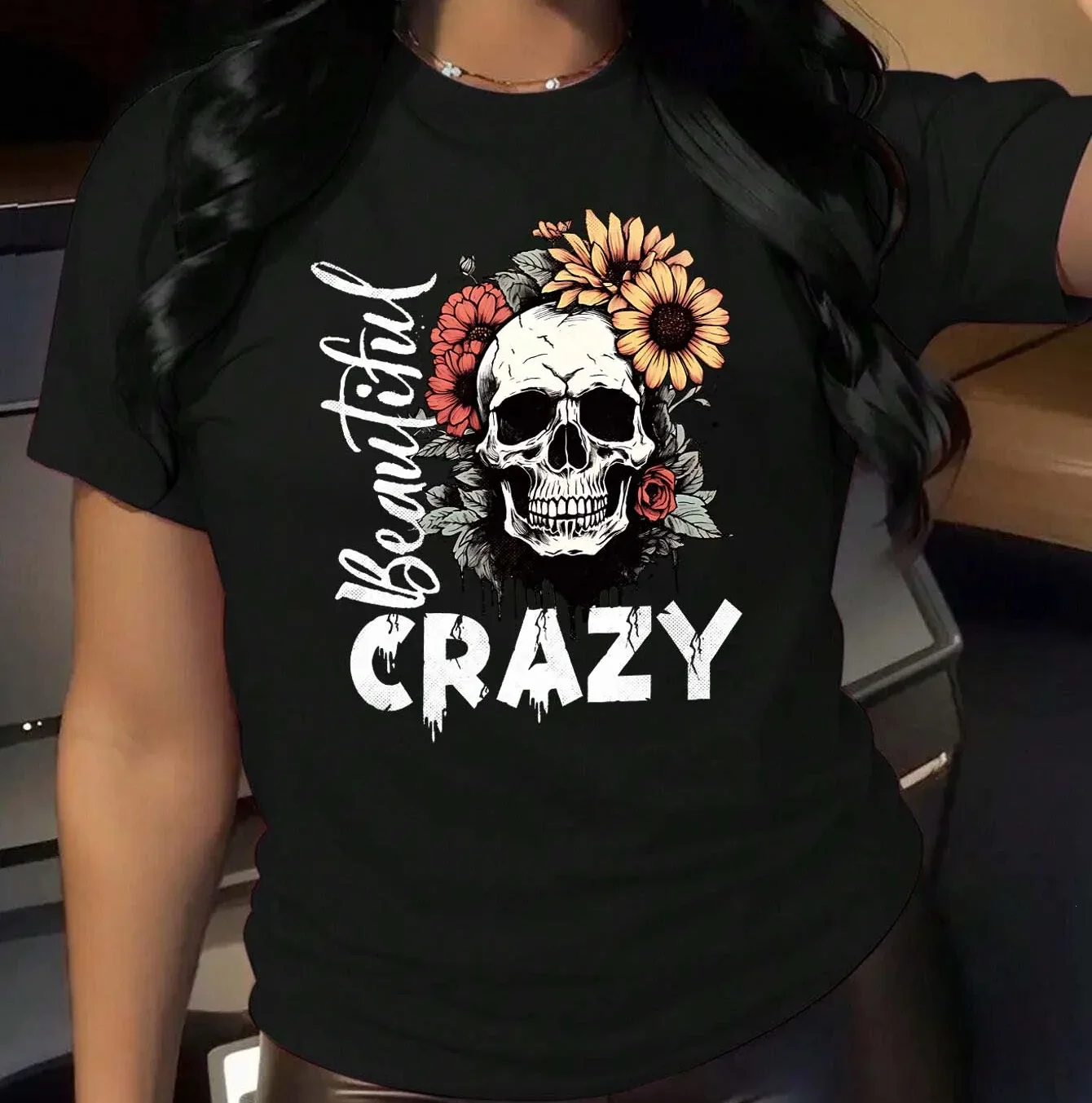 

Womens T - Shirt with Skull and Flower Patterns Stylish Elegant and Full of Youthful Energy