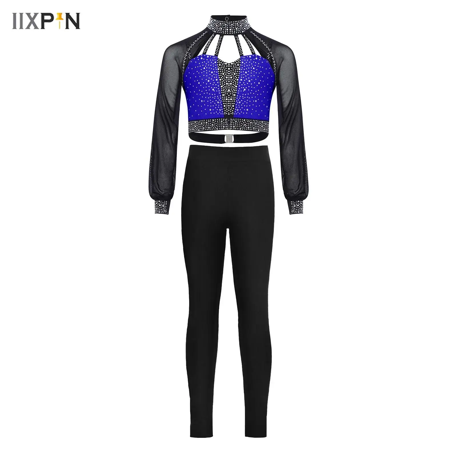 

Kids Girls Gymnastics Figure Skating Dance Performance Outfit Long Sleeves Cutout Strappy Shiny Rhinestones Crop Top+Leggings