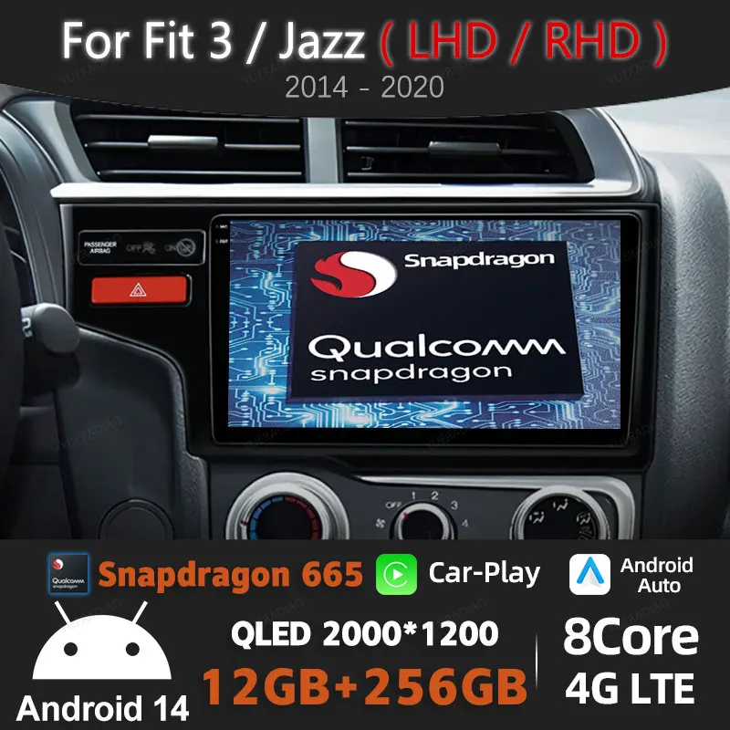 Android 14 Wireless Carplay Auto Car Radio For Honda Fit 3 Jazz 2014 - 2020 LHD RHD Multimedia Video Player 2Din 4G WIFI QLED BT