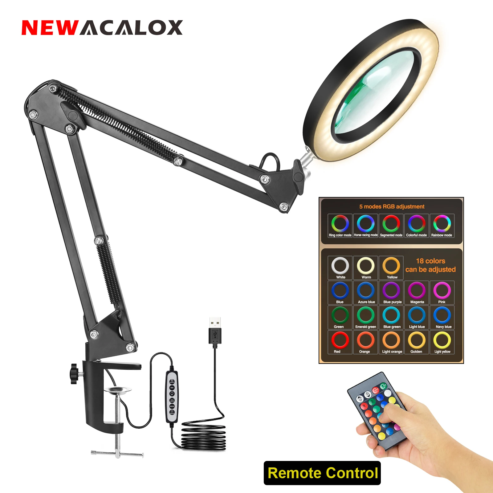 

Remote Control 5X Magnifying Glass with 15 Colors LED Lights 105mm 5X Real Glass Lens Adjustable Swing Arm Desk Lamp for Reading