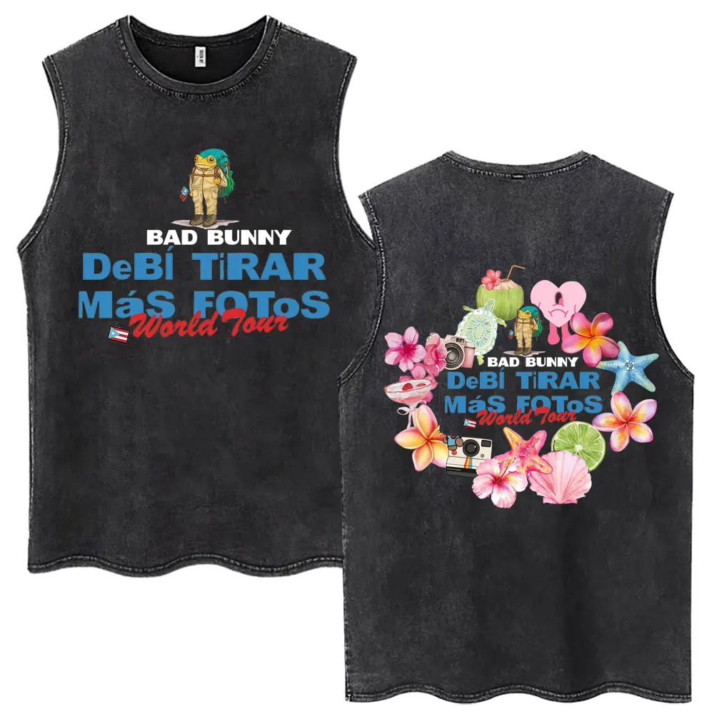 Rapper Bad Bunny Vintage Washed T Shirts Debi Tirar Mas Fotos DTMF Sleeveless T-shirts Men Women Trend Casual Oversized T-shirt