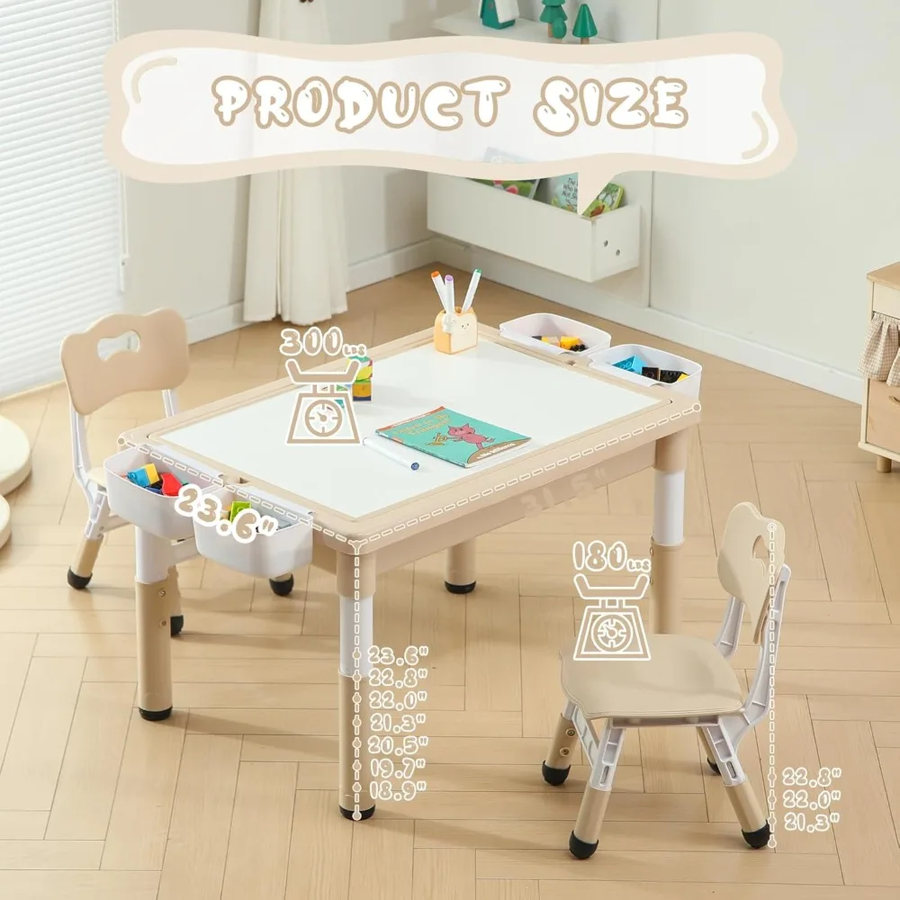 Kids Table and Chairs Set, Toddler Activity Table with Storage, Graffiti & Building Blocks Double-Sided Tabletop, Multi Function