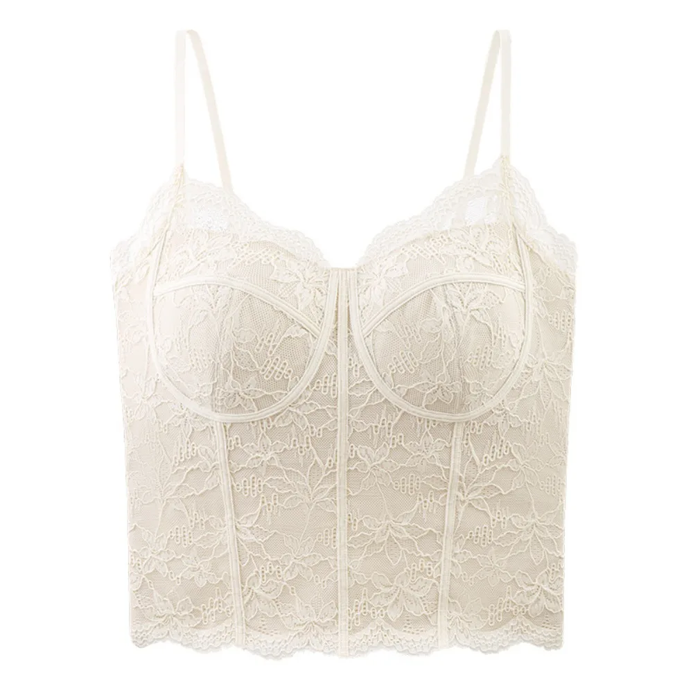 Mesh Flower Slim Lace Crop Top Bottoming Shirt Summer Girl's Vest Top Sweet Spicy Girls Style Camisole with Pads Lady