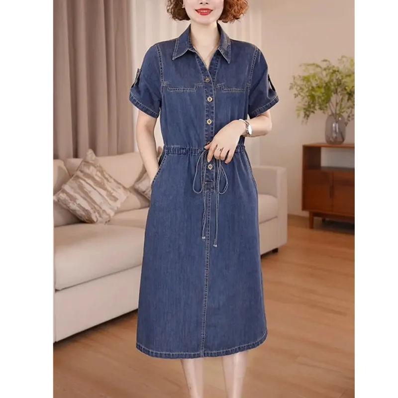 Denim Dress For women Summer 2026 New Female Single Breasted Short sleeved Slim Temperament Casual Dresses With pockets - view 5