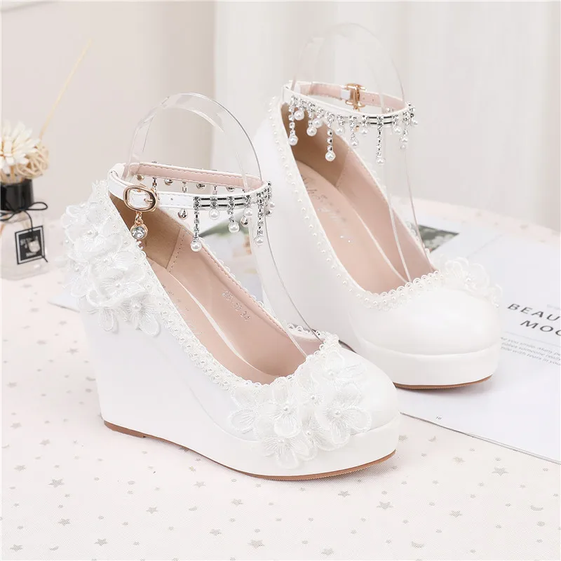 Sweet White Flower Pearl Tassel Wristband Womens Wedding Shoes High Heels Platform Ladies Party Dress Wedges Bridesmaid Pumps