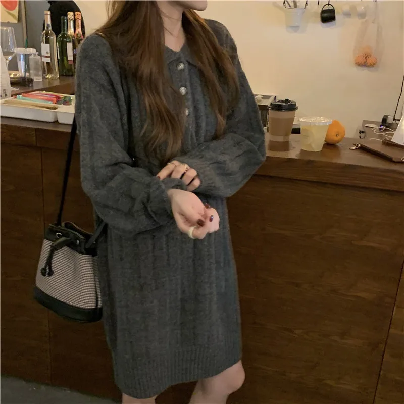 

Solid Color Knitted Sweater Dress Autumn Winter Women Button Polo Collar Casual Elegant Vestidos Lady Pullovers Knit Dresses