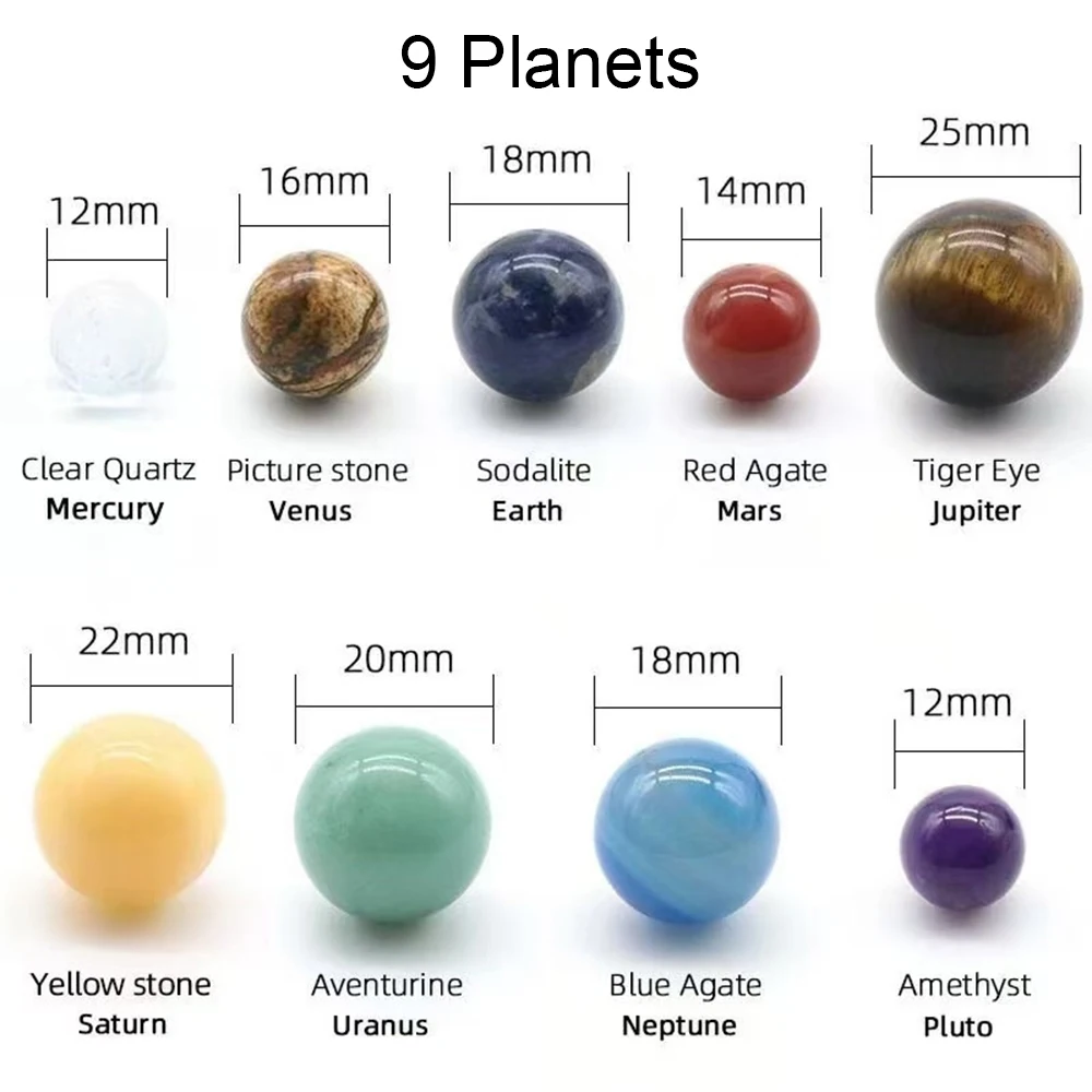 8 9 Planet Gift Box Natural Crystal Planets Ball Solar Sun System Healing Quartz Beads Chakra Energy Sphere Wholesale Lot Set