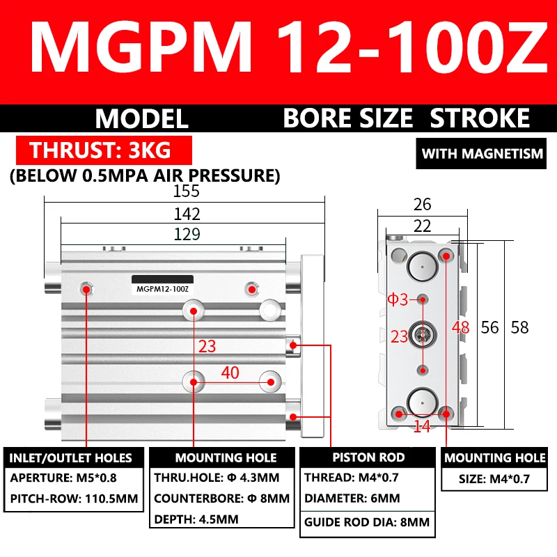 

ABILKEEN MGPM Series Pneumatic Compact Guide Cylinder MGPM12-100Z 12MM Bore X 100MM Stroke Three Axis Three Rod Air Cylinder