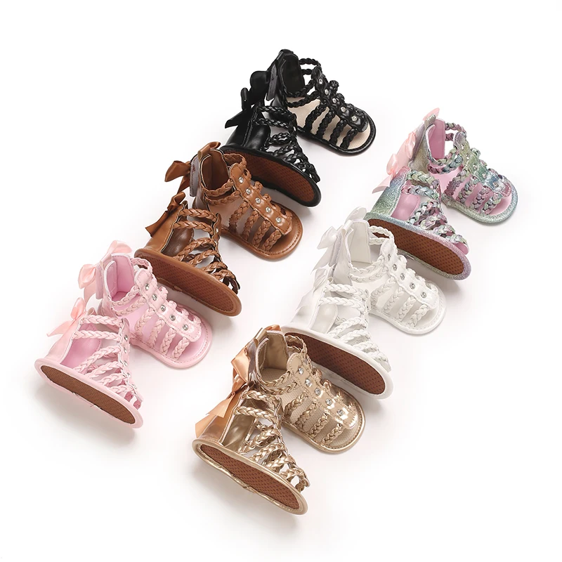 

Baby Girl Sandals, PU Leather Braided Non-slip Bowknot Summer Flats Toddler Shoes for Casual Daily