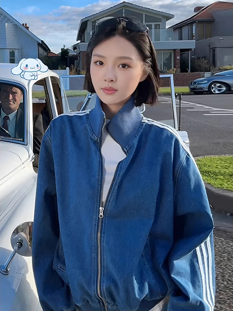 

Retro American Blue Denim Baseball Jaet Women's Early Autumn New Zip Design Tee Bars Open Cardigan Top Loose Fit Long Sve