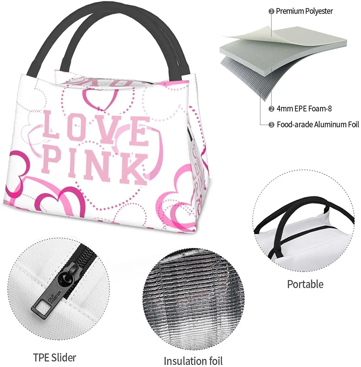 Love Pink Heart Women Secert borsa da pranzo isolata riutilizzabile resistente all'acqua Bento Tote Box borse da pranzo portatili