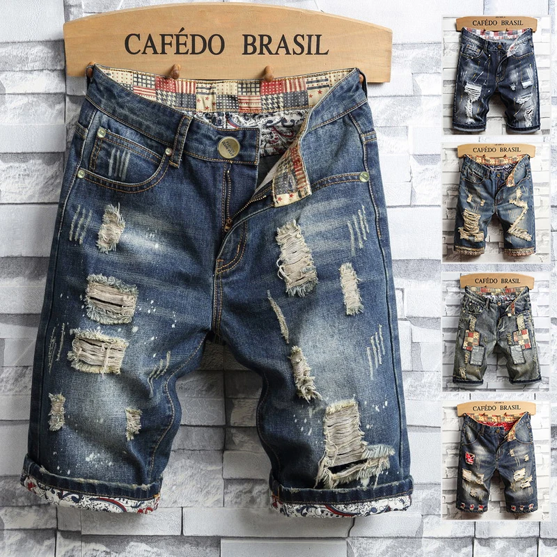 Мужские летние повседневные джинсовые шорты с тонкими дырками, уличная одежда, рваные короткие джинсы в стиле хип-хоп, модная мужская одежда, прямые короткие брюки