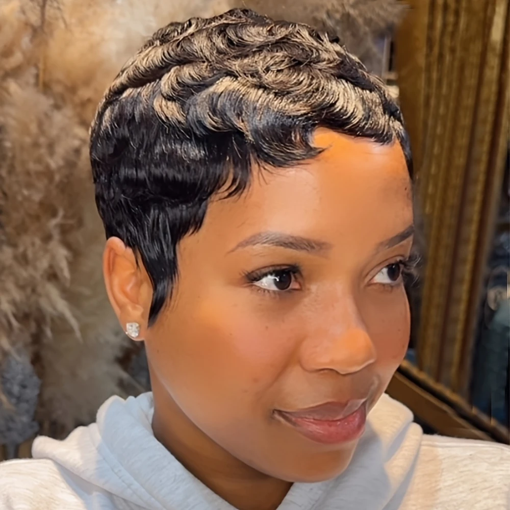 150% densidade 4 Polegada pixie corte encaracolado onda peruca de cabelo humano para mulheres completa máquina feita peruca para uso diário e festa