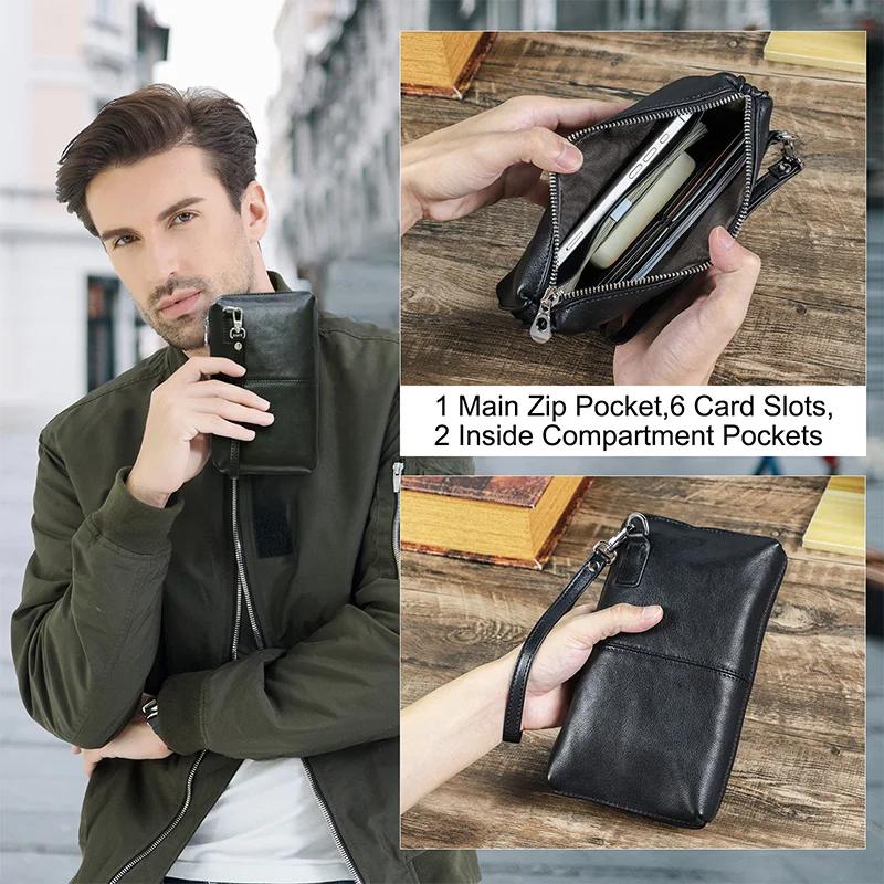 CONTACT'S RFID حقيبة يد جلدية أصلية الرجال الرجعية المحمولة جودة 6 فتحات بطاقة الهاتف حقيبة صغيرة السفر الأعمال العمل المحفظة