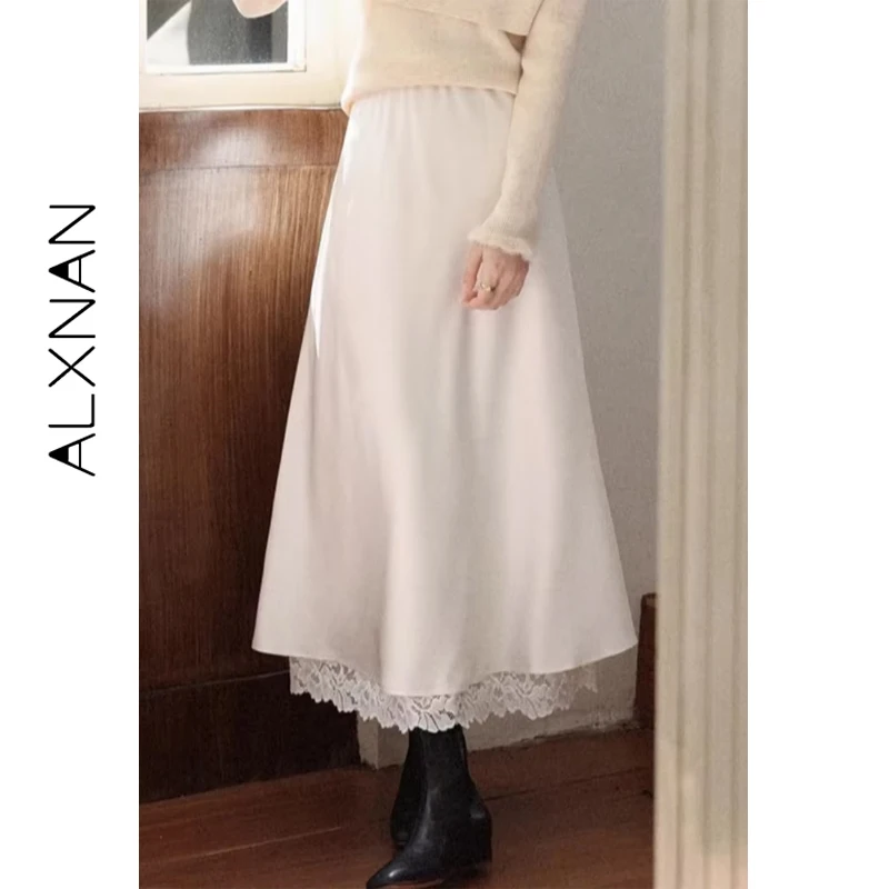 

ALXNAN Mid-length Skirts Apricot Lace Trim Patchwork Embroidered Layered Fall Skirt Elegant Fashion Temperament Skirts L58921