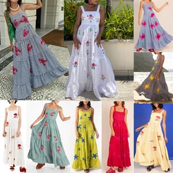 New Dress Embroidered Printed Pleated Large Hem Suspender Waist Cinching Dress Summer Women's Beach Long Skirt Vacation Style