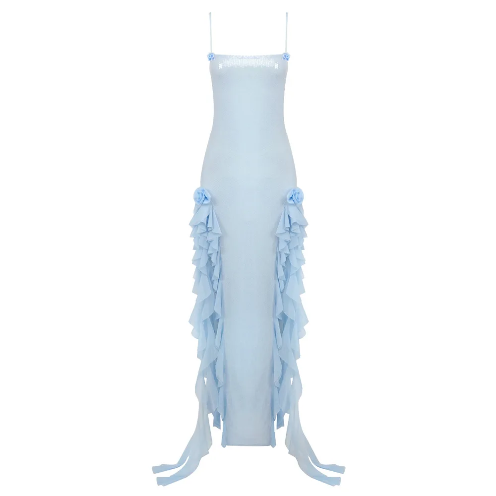 

J Light blue transparent sequined flower suspender skirt sexy ladies mesh sequined dress evening dress