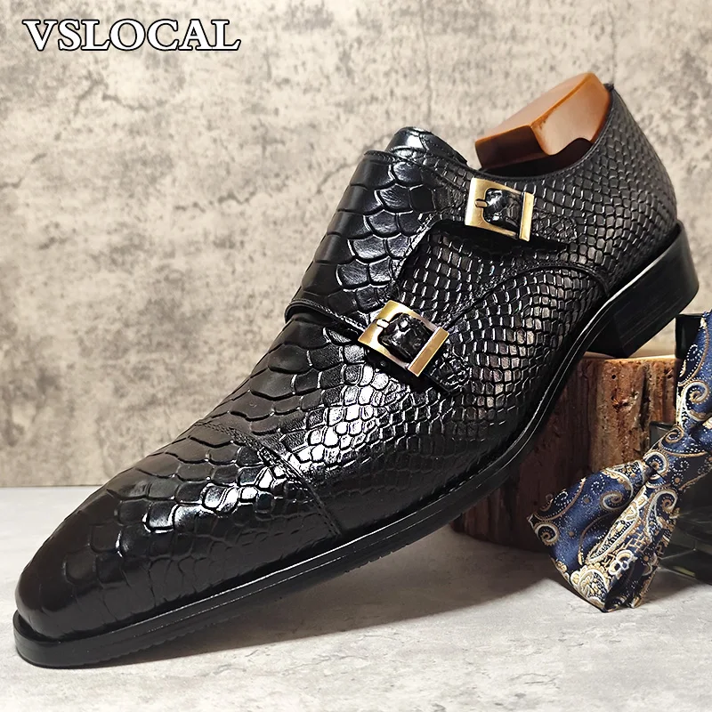 

Luxury Men's Loafers Shoes Snake Prints Formal Dress Men Casual Shoes Black Brown Genuine Leather Double Monk Shoes Men