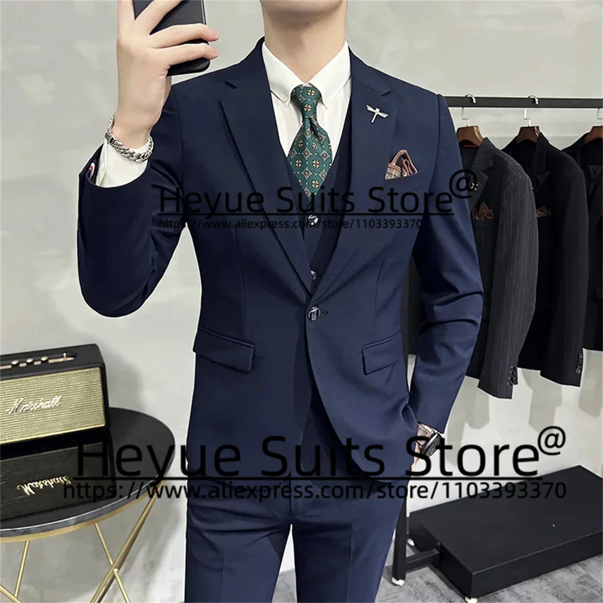 

High-end Products Navy Blue Men Suits Slim Fit Business Casual Notched Lapel Groom Tuxedos 3 Pieces Sets One Button Male Blazer