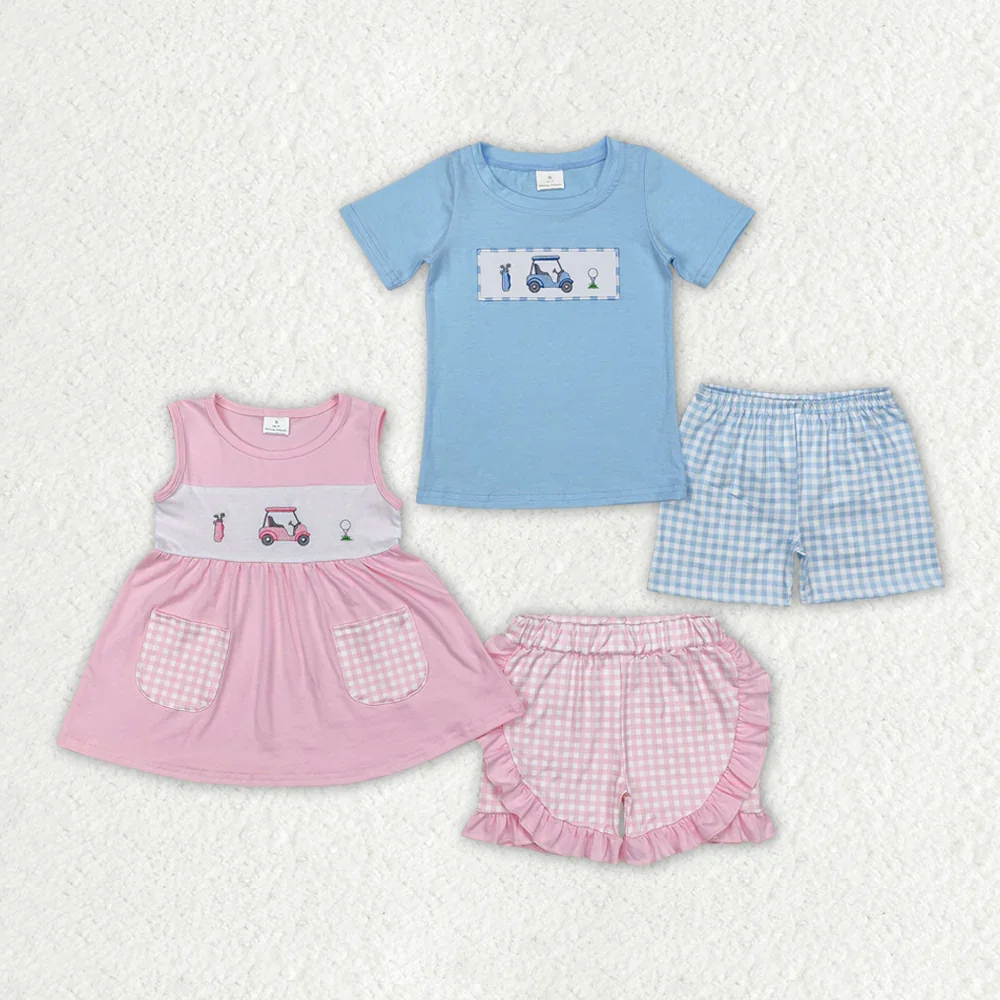 

GSSO1554 Wholesale Summer kids clothes girl Embroidery Golf Pink Flying Sleeve shorts sets baby boy clothes Boutique sets