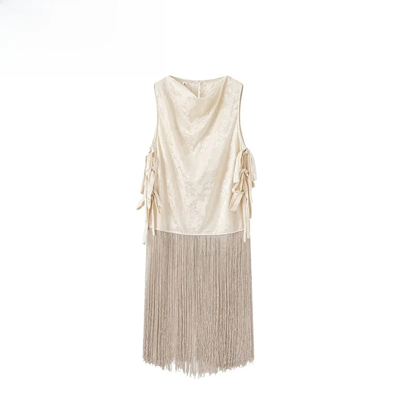 Fashionable Hooked Lace Tassel Sleeveless Vest Elegant Versatile New Women's Wear Polyester Fiber round Neck Mid-Length Curvy...