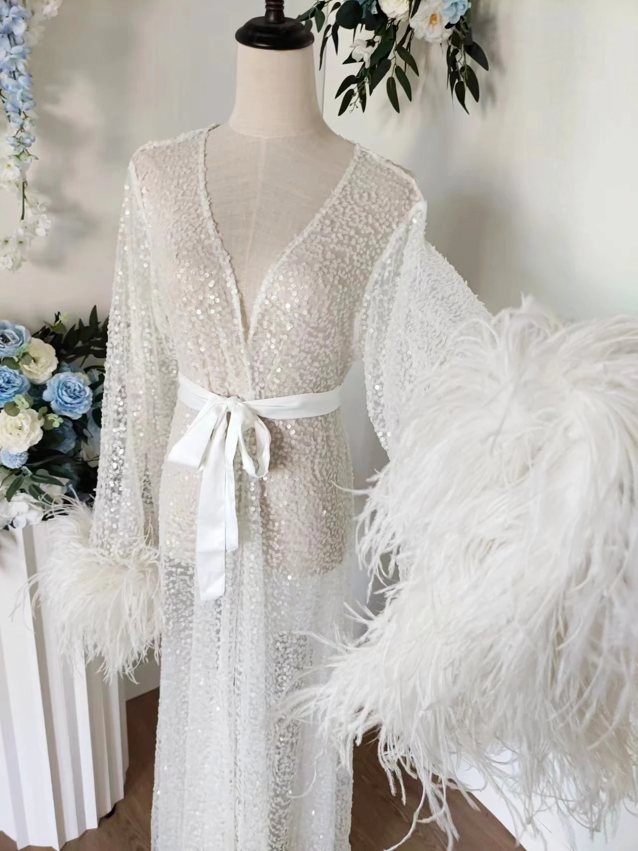 Luxury Rhinestone Feather Sequin Robe Floor Length White Bridal Robe with Max Feather Sleeve Beads Shawl Collar Bridal Wedding