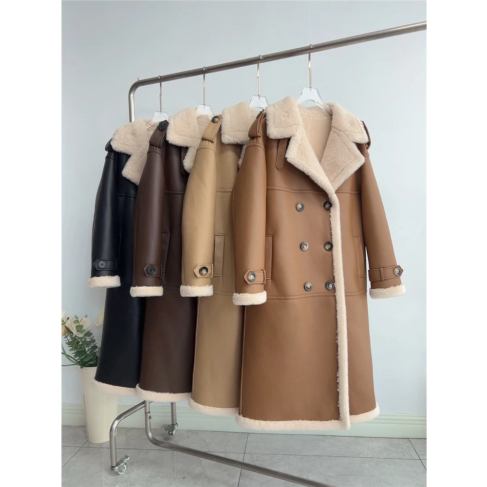 Luxury Women Woolen Jackets Textured Pu Leather Lapel Collar Long Coats Thick Warm Female Winter Commute Overcoats